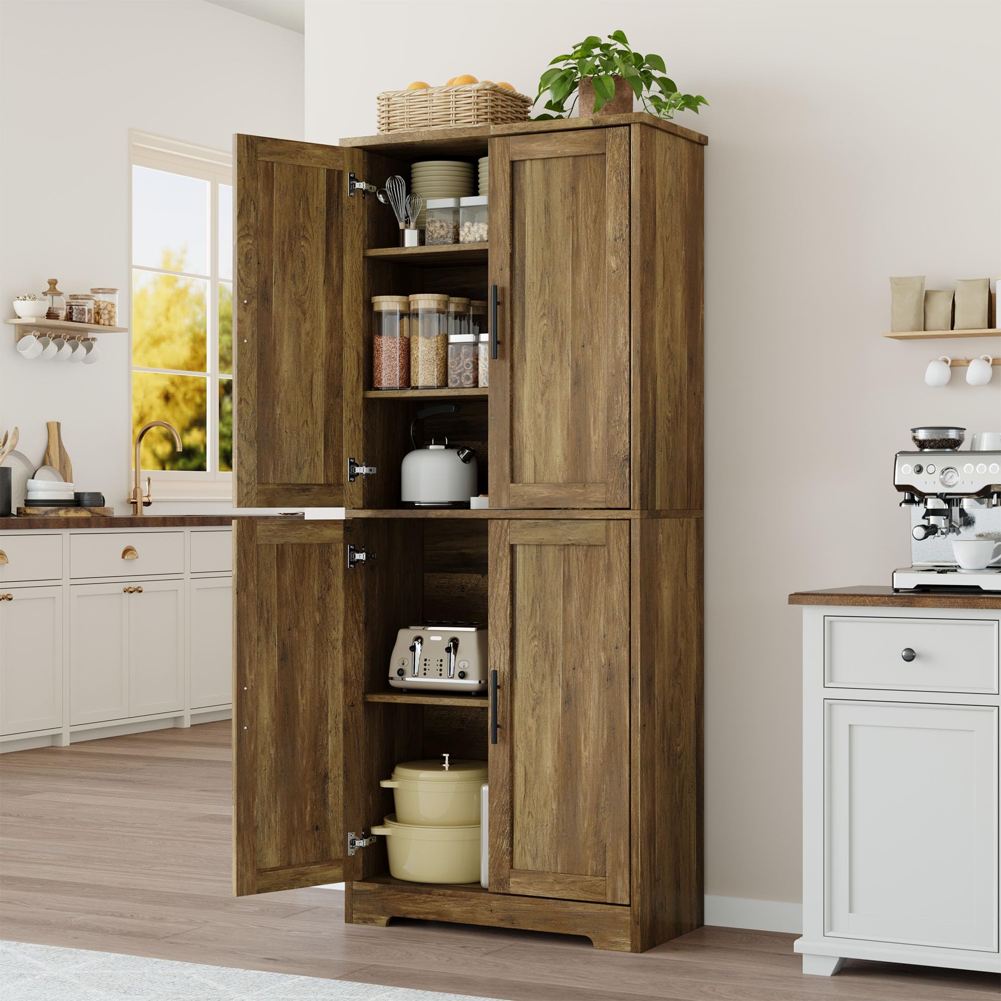 Garvee Modern Tall Pantry Cabinet – Freestanding Kitchen Storage Cupboard with 4 Doors & 3 Adjustable Shelves – Versatile for Living Room, Dining Room, Bathroom, Laundry, Utility – Barnwood Finish