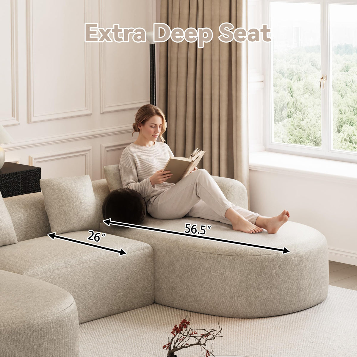 ONEMMLION 136" Oversized Boneless U-Shaped Sectional Sofa, Light Brown