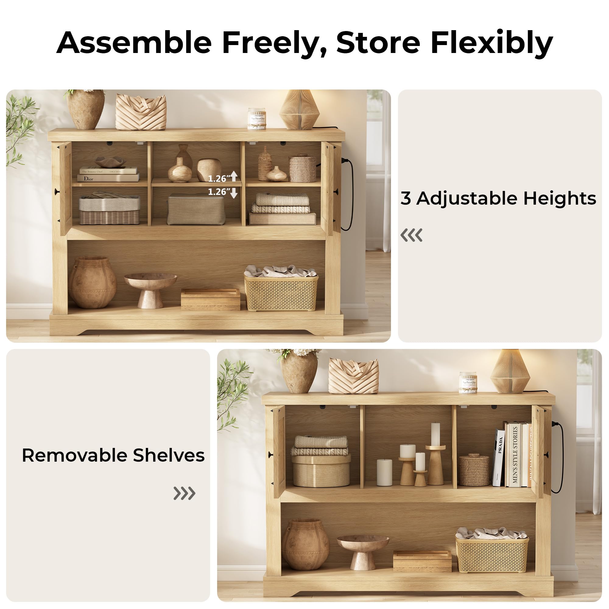 LIKIMIO Farmhouse Entryway Table with Power Outlets, 47.2" Rattan Console Table with Adjustable Storage Shelves & Rattan Doors Cabinet, Sofa Table for Entry, Living Room, Hallway, Natural