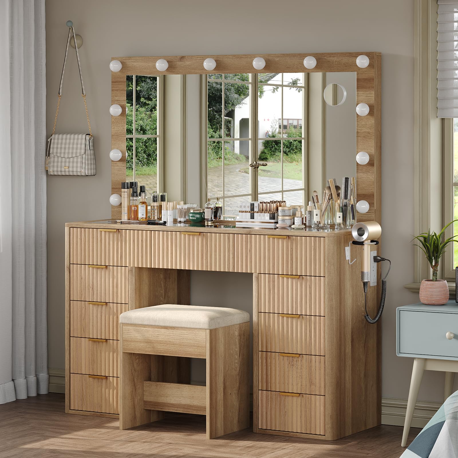 Cozynome 47" Vanity Desk with 3-Color LED Mirror & 11 Drawers, Fluted Makeup Vanity with Glass Top, Charging Station (2 Outlets, 2 USB), Includes Vanity Stool, for Bedroom, Natural