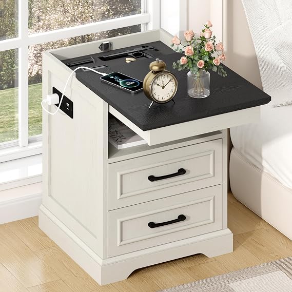Farmhouse Nightstand with Charging Station & 3 Drawers