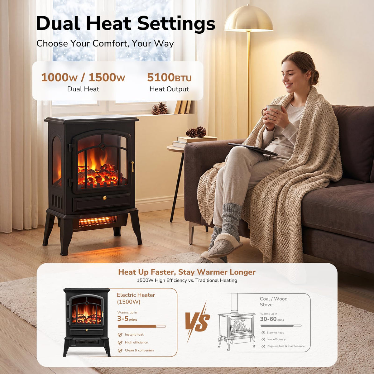 Electric Fireplace Heater Stove with 3D Flame, 1000/1500W & Flame-Only Mode