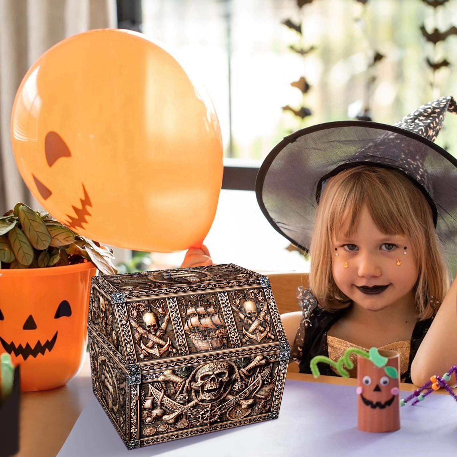 PETCEE Pirate Treasure Chest & Skull Box - Large 9"x 9.3"x 8" Cardboard Classroom Storage for Kids Prizes Reusable Treasure Chest for Classroom Rewards Pirate Party Decor Toys Keepsake Organizer