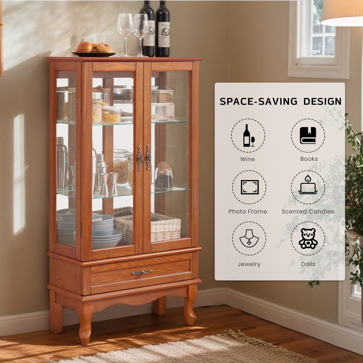 52" Lighted Accent Curio Cabinet, 3-Tier Antique Storage Cabinet with Tempered Glass Adjustable Shelves & Drawer, Acrylic Pane, Light Bulb Included, China Display Case for Living Room (Dark Oak)