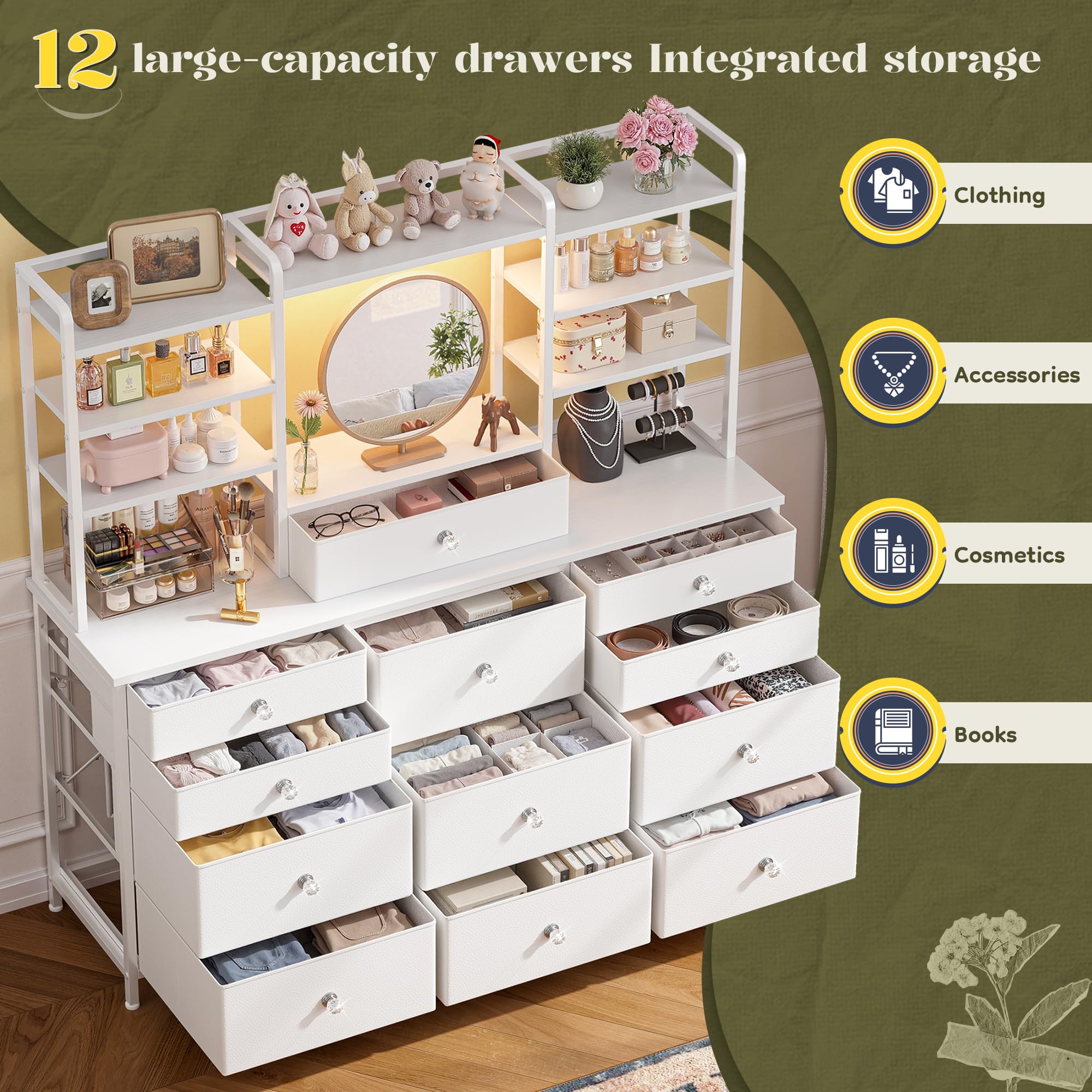 Romorgniz White Dresser for Bedroom with 12 Drawers & LED Lights, Fabric Dressers & Chests of Drawers with Open Shelves, Vanity Dresser Organizer with Metal Frame Wooden Shelf for Entryway Closet