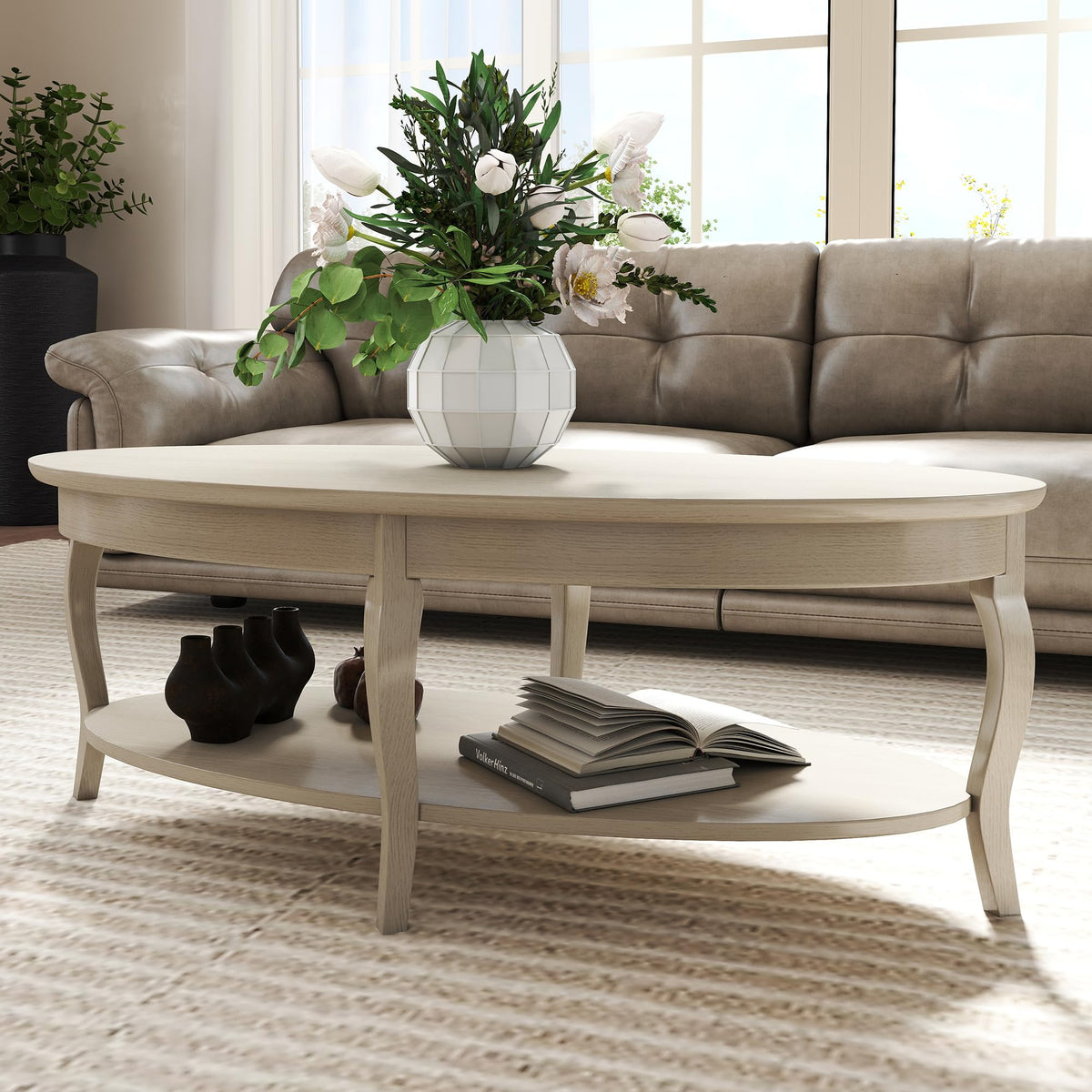 White Oval Wood Coffee Table with Storage