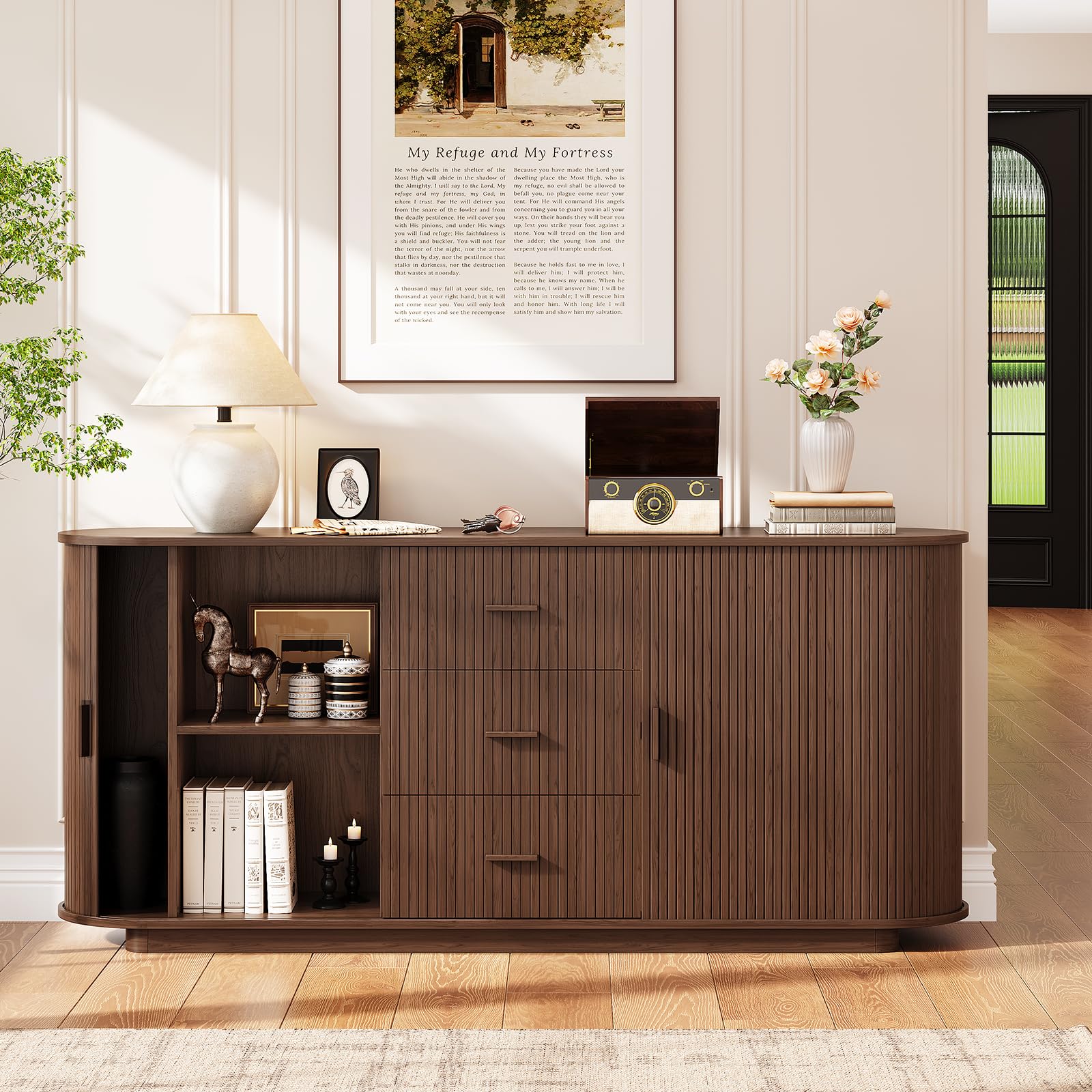 63" Fluted Sideboard Buffet Cabinet with 3 Drawers & 2 Sliding Doors