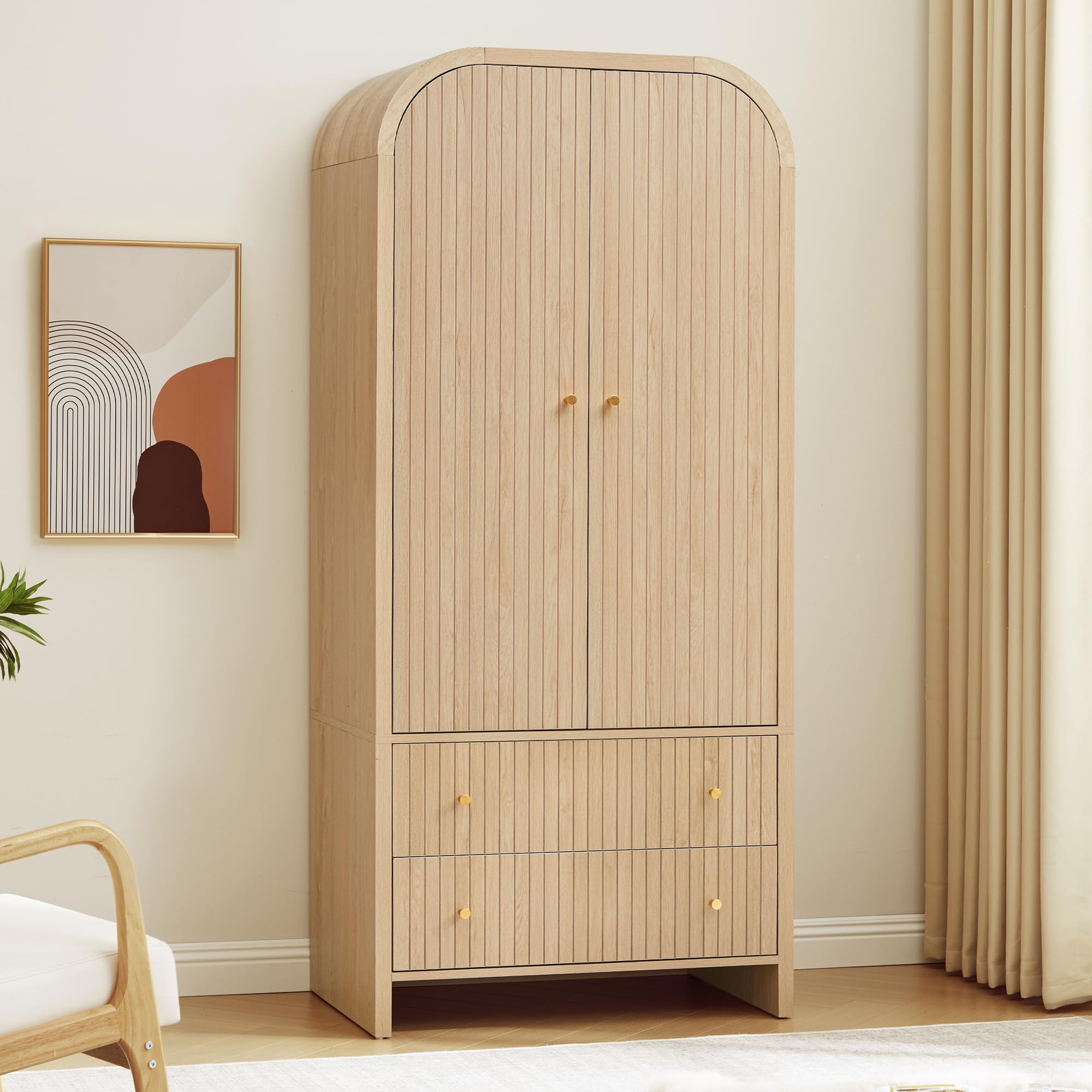 Arched Armoire Wardrobe Closet with Hanging Rod & 2 Drawers
