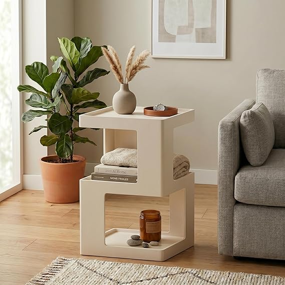 Geometric Wood End Table – 3-Tier Open Shelf