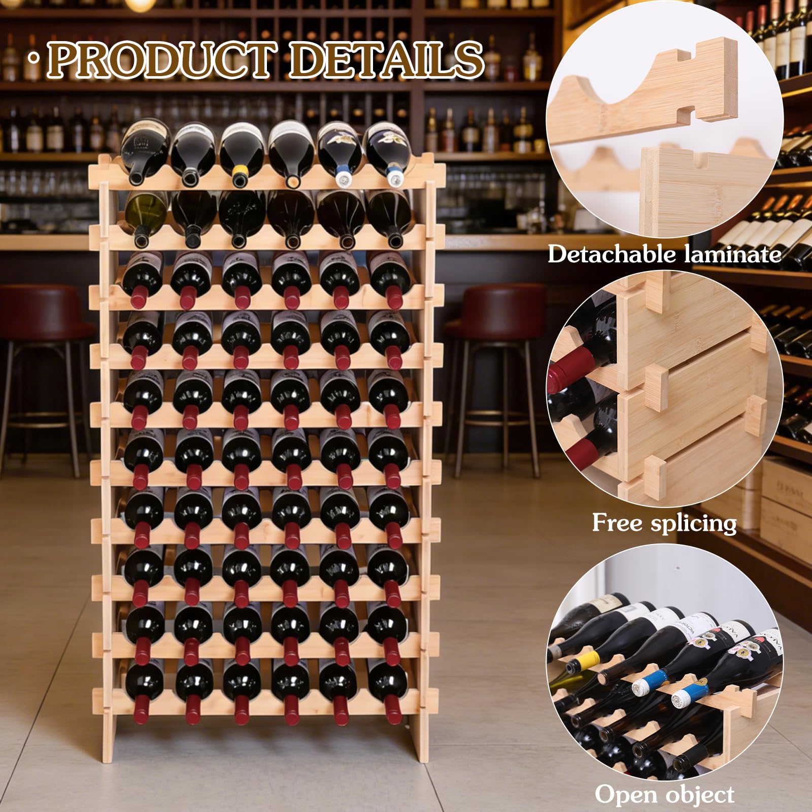 fcxagy 60 Bottles Bamboo Stackable Modular Bamboo Wine Rack, 10-Tier Wooden Wine Storage Rack Freestanding Wine Holder Display Shelves，Wine Rack freestanding Floor