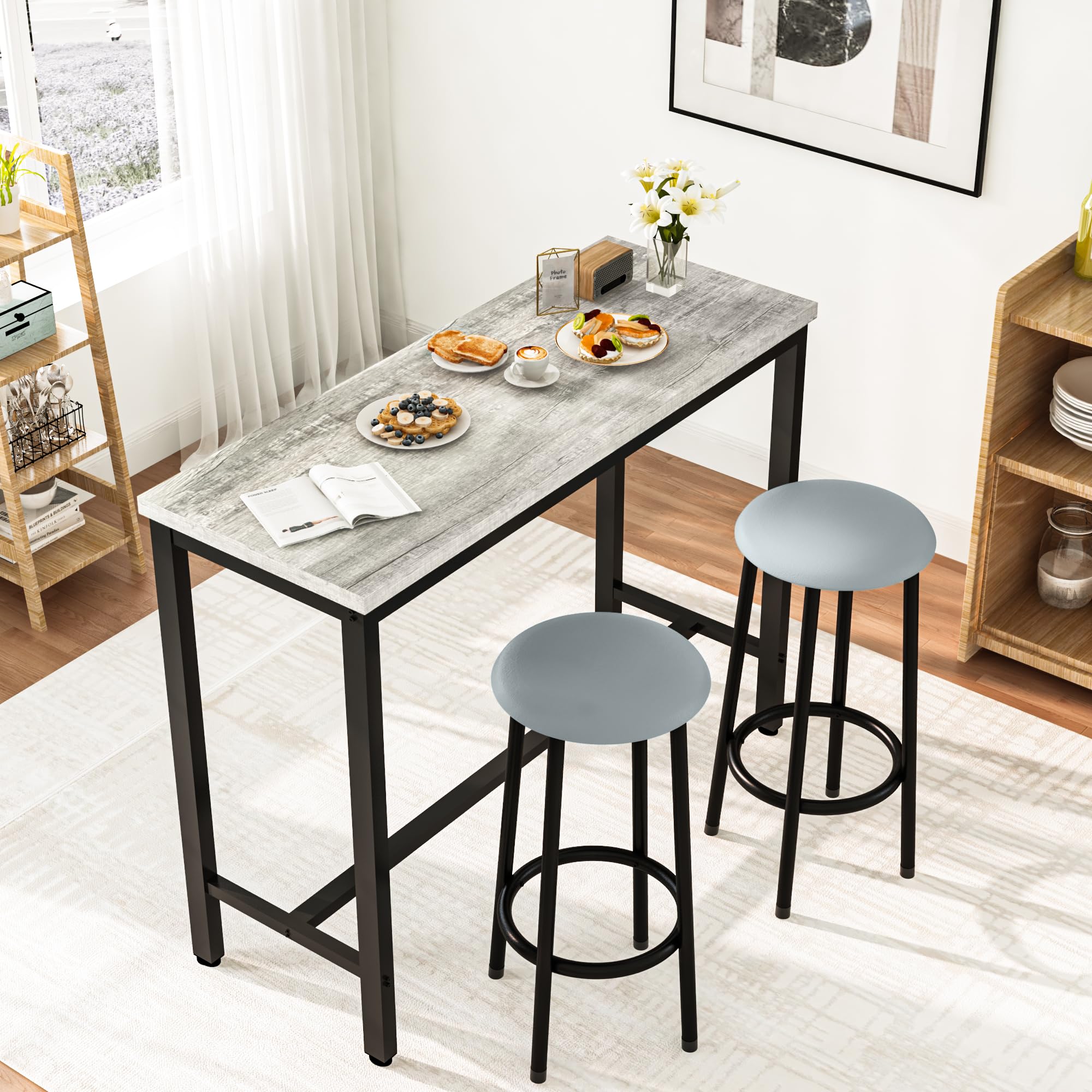AWQM 39.3" Bar Table Set of 2,Faux Marble Pub Height Table and Chairs Set of 2 with Upholstered Stools,3 Piece Bar Table and Chairs Set Dining Table Set for Living Room,Kitchen,Bar,Grey