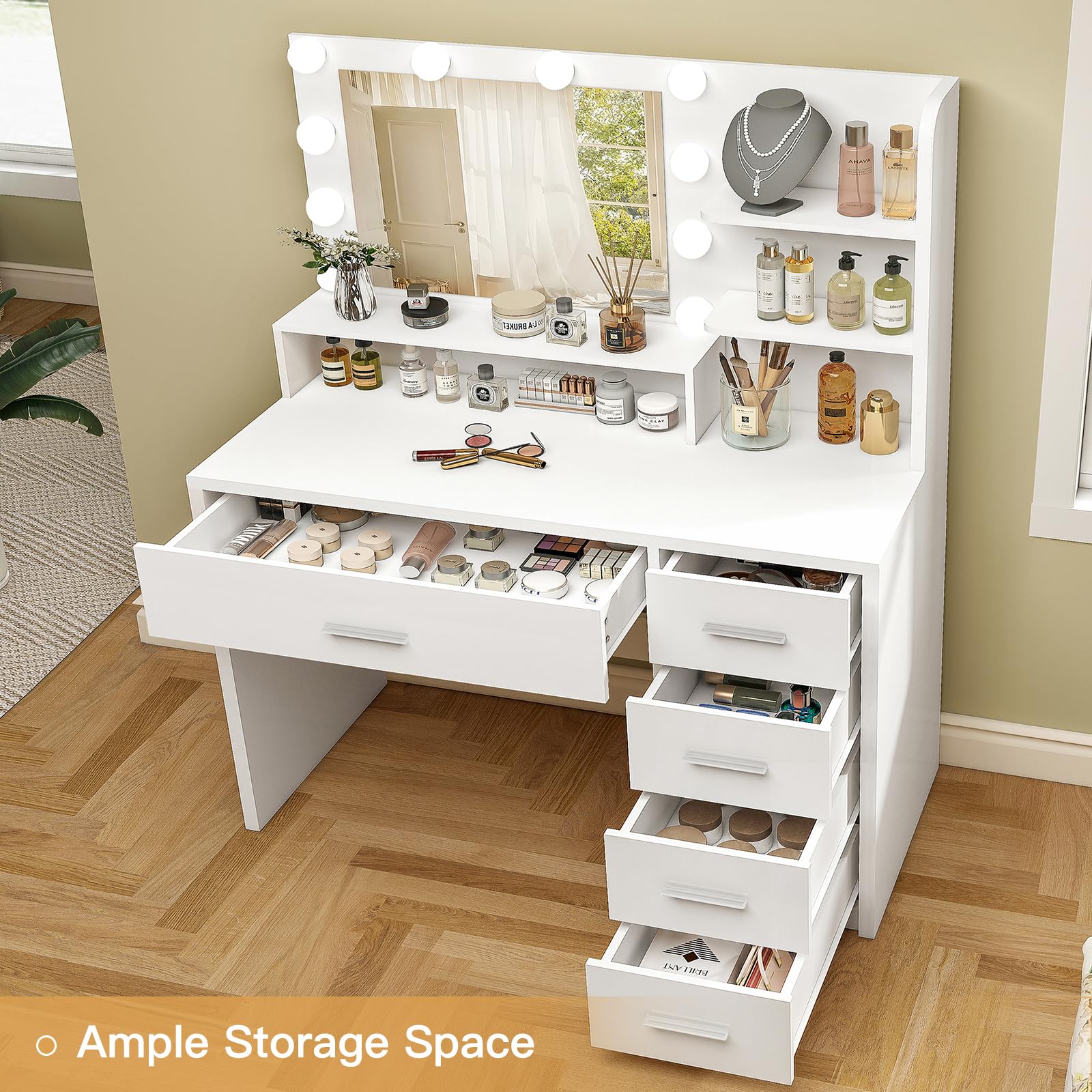 Quimoo Vanity Desk with Mirror & Lights, Makeup Vanity with 5 Drawers & Storage Shelves, White Vanity Table, 3 Color Modes & Adjustable Brightness, Dressing Table, Bedroom