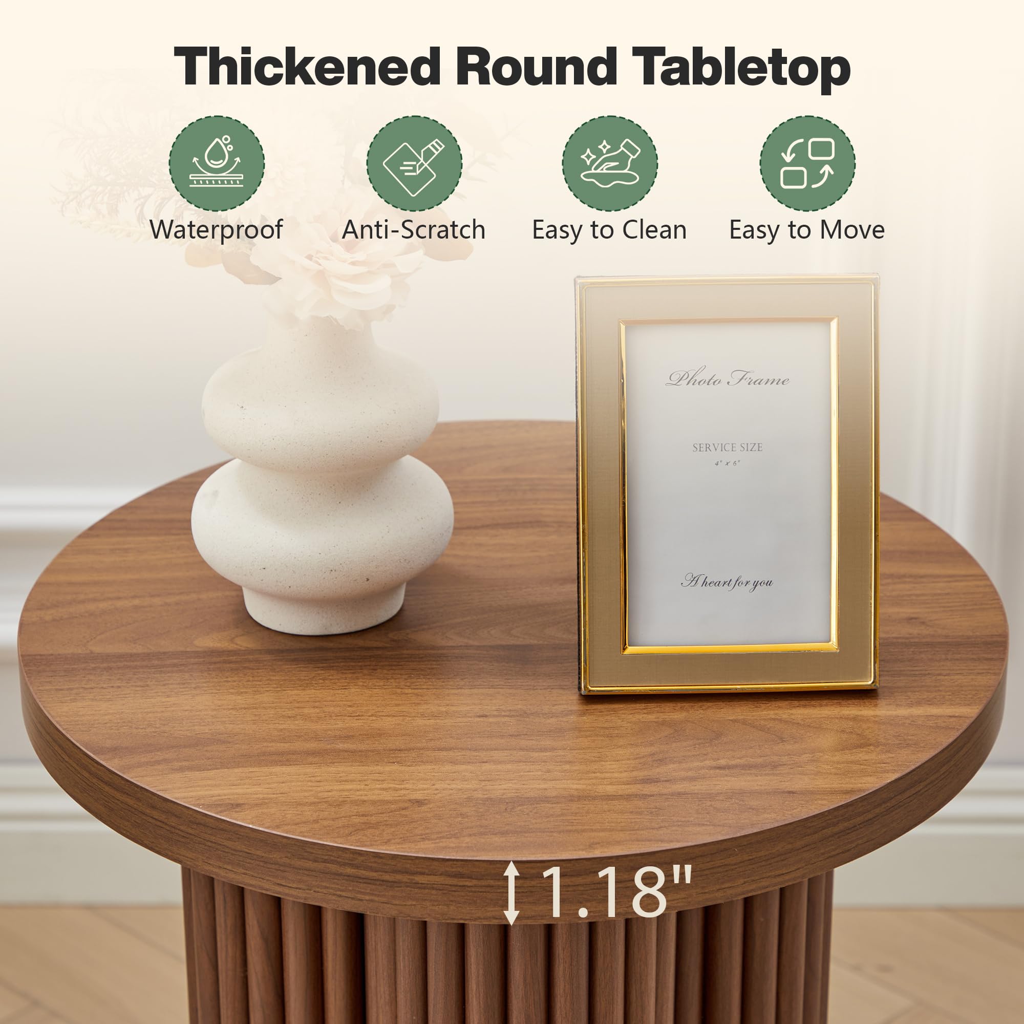 MAHYIZYI Small Sofa Side Table Set of 2, Fluted Accent Pedestal End Table, Wood Round Night Stand, Farmhouse Bed Side Table Drink Tables for Living Room, Small Spaces (Walnut-2PCS)