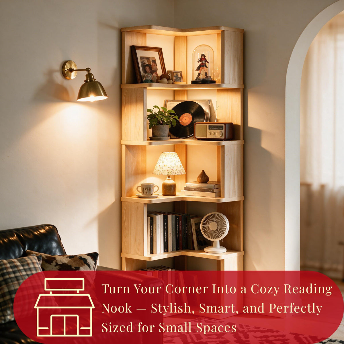 5-Tier Pine Corner Bookshelf
