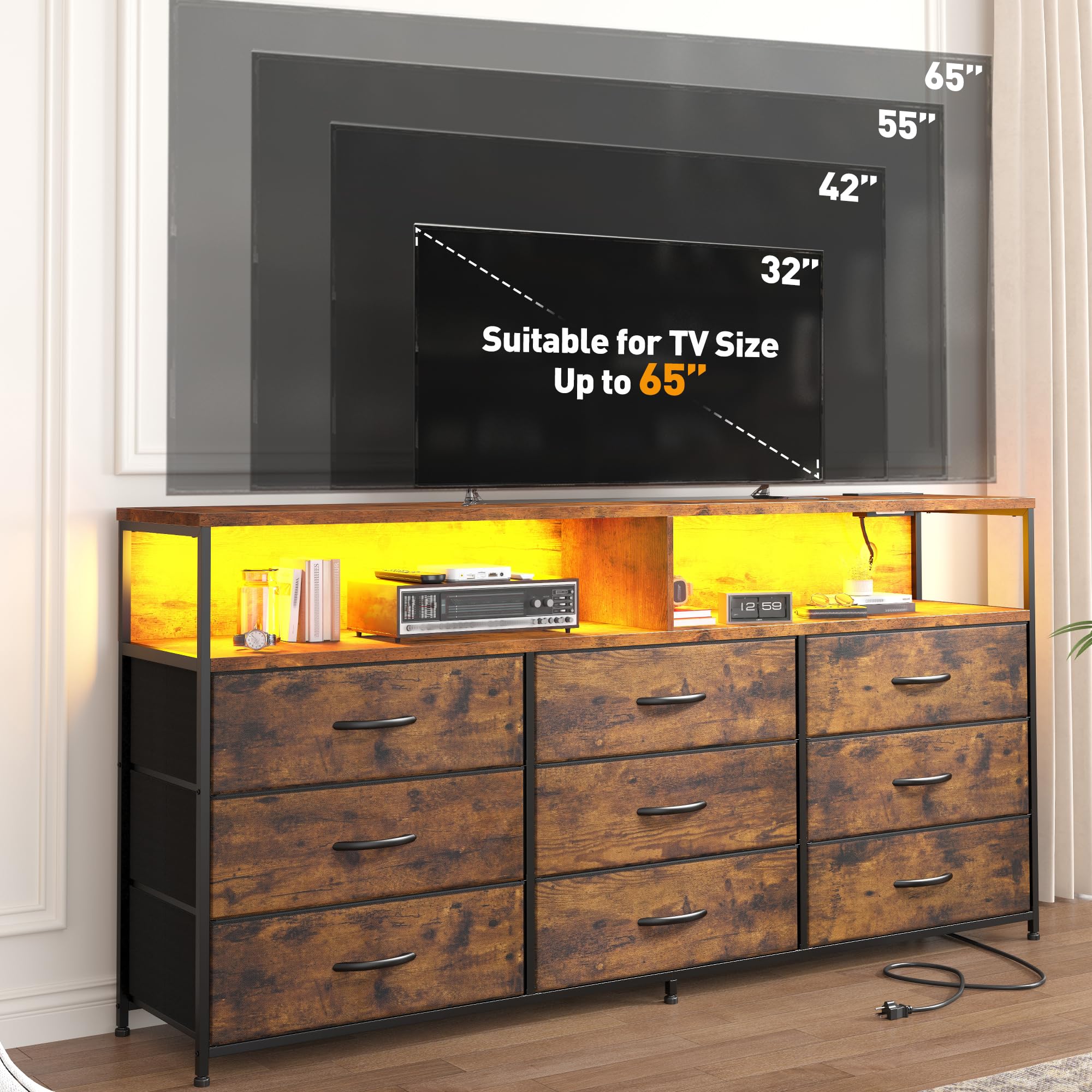 EnHomee 55" W Dresser for Bedroom with Charging Station & LED, 65/55 Inch TV Stand with 9 Fabric Drawers, Sturdy Dressers & Chest of Drawers with 2 Wood Storage Open Shelves,Entryway, Rustic Brown
