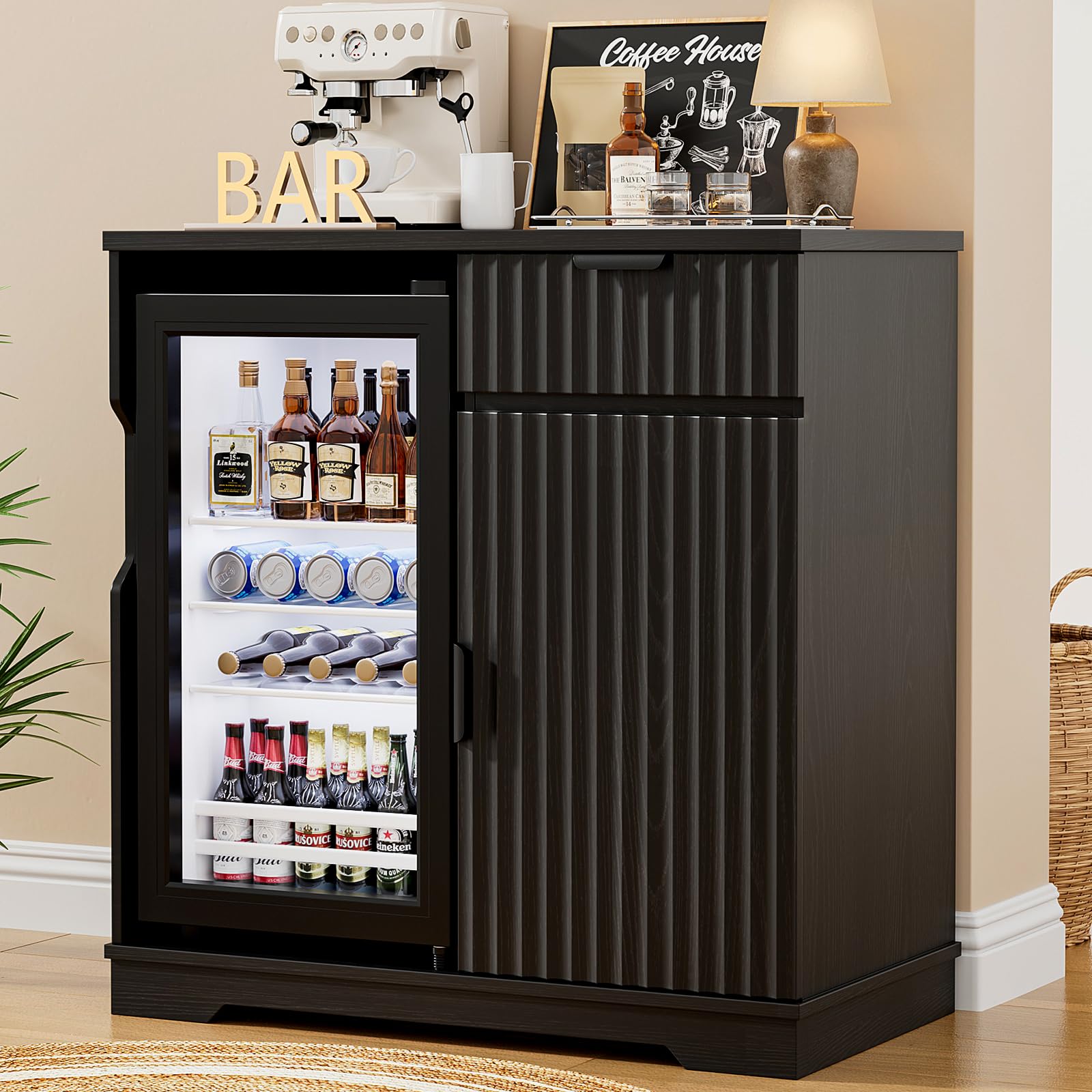 Aauro Home Mini Fridge Cabinet (Fridge Included), Fluted Coffee Bar Cabinet with Refrigerator, Pull Out Drawer & Storage Cabinets, 31.5" Liquor Wine Bar Cabinet for Home, Kitchen, Dining Room, Blac