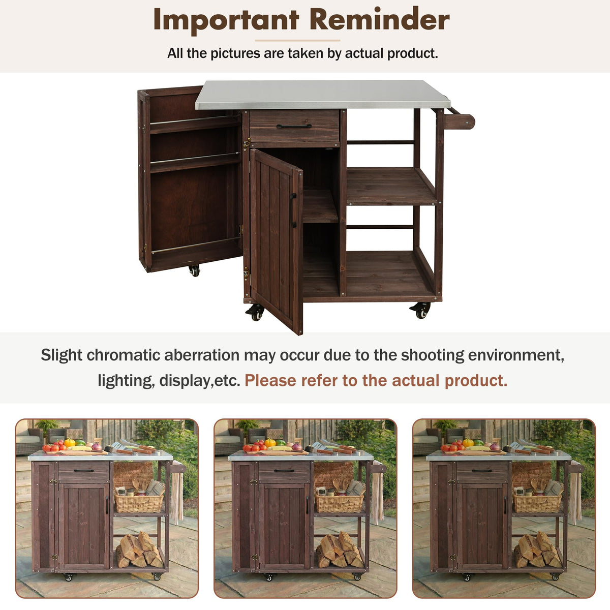 P PURLOVE Outdoor Kitchen Island, Fir Wood Prep Station with Stainless Top, Ample Storage Space, Towel and Spice Racks for Patio and Outdoor, Dark Brown