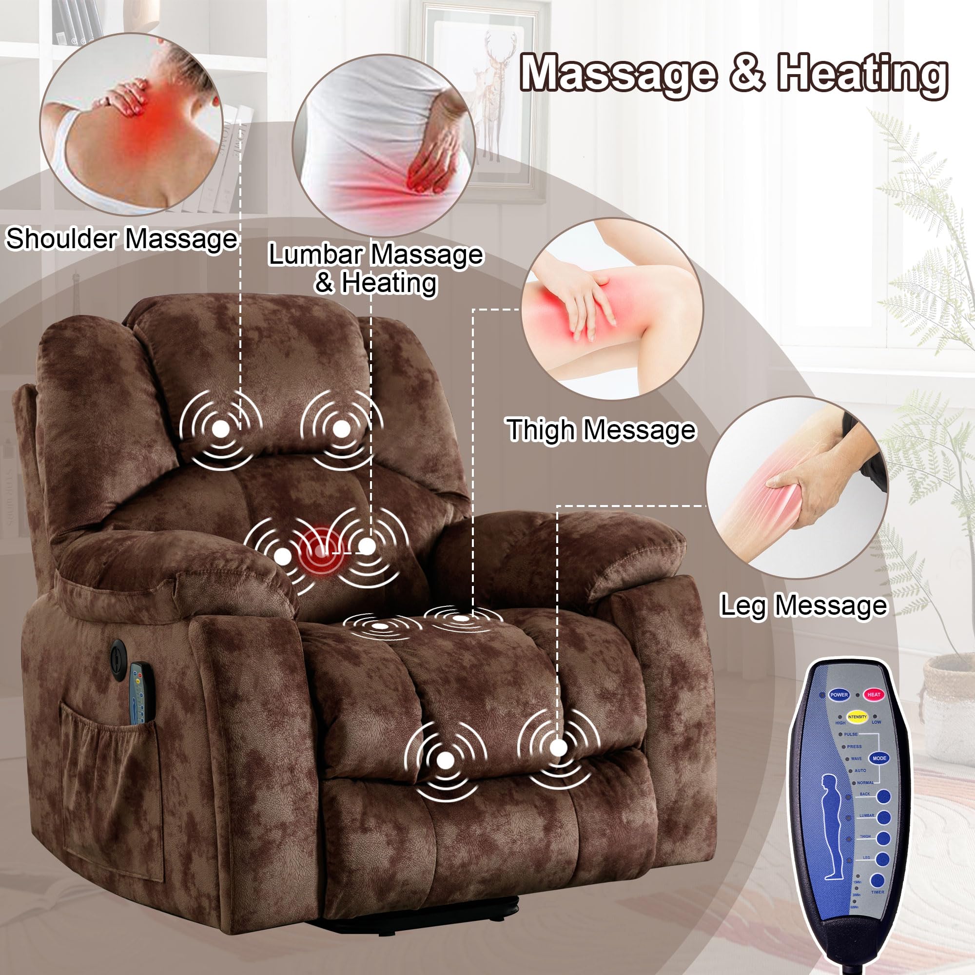 Bonzy Home Power Lift Recliner Chair with Heating and Massage, Upholstered Comfy Lift Chair, Lift Recliner Chairs for Elderly, with 2 Hidden Cup Holders, Side Pockets, USB Port, Brown
