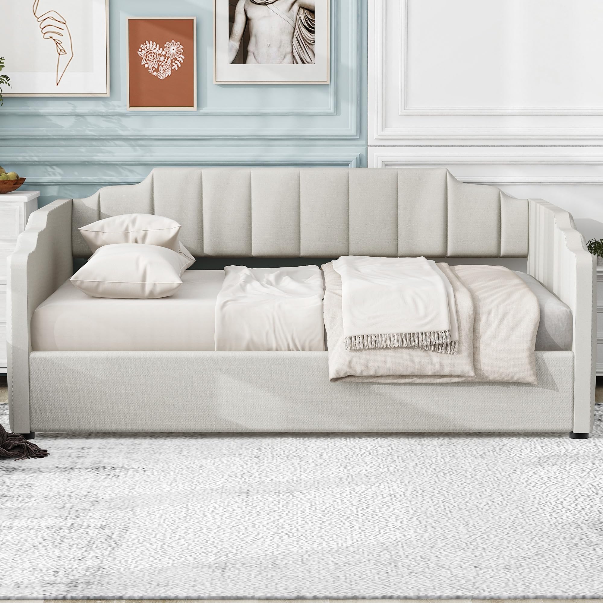 Merax Daybed, Full Size Tufted Upholstered Linen Fabric Sofa Bed with Underneath Storage for Bedroom, Wood Slat Support, No Box Spring Needed, Easy Assembly, White