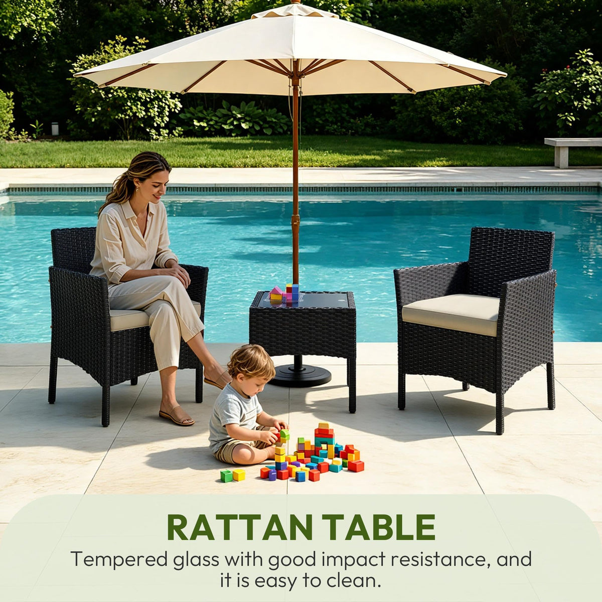 Yaheetech 3 Pieces Patio Conversation Set, Outdoor Rattan Bistro Furniture, 2 Chairs with Cushions & 1 Side Table for Bistro/Porch/Garden/Deck/Courtyard, Black/Khaki
