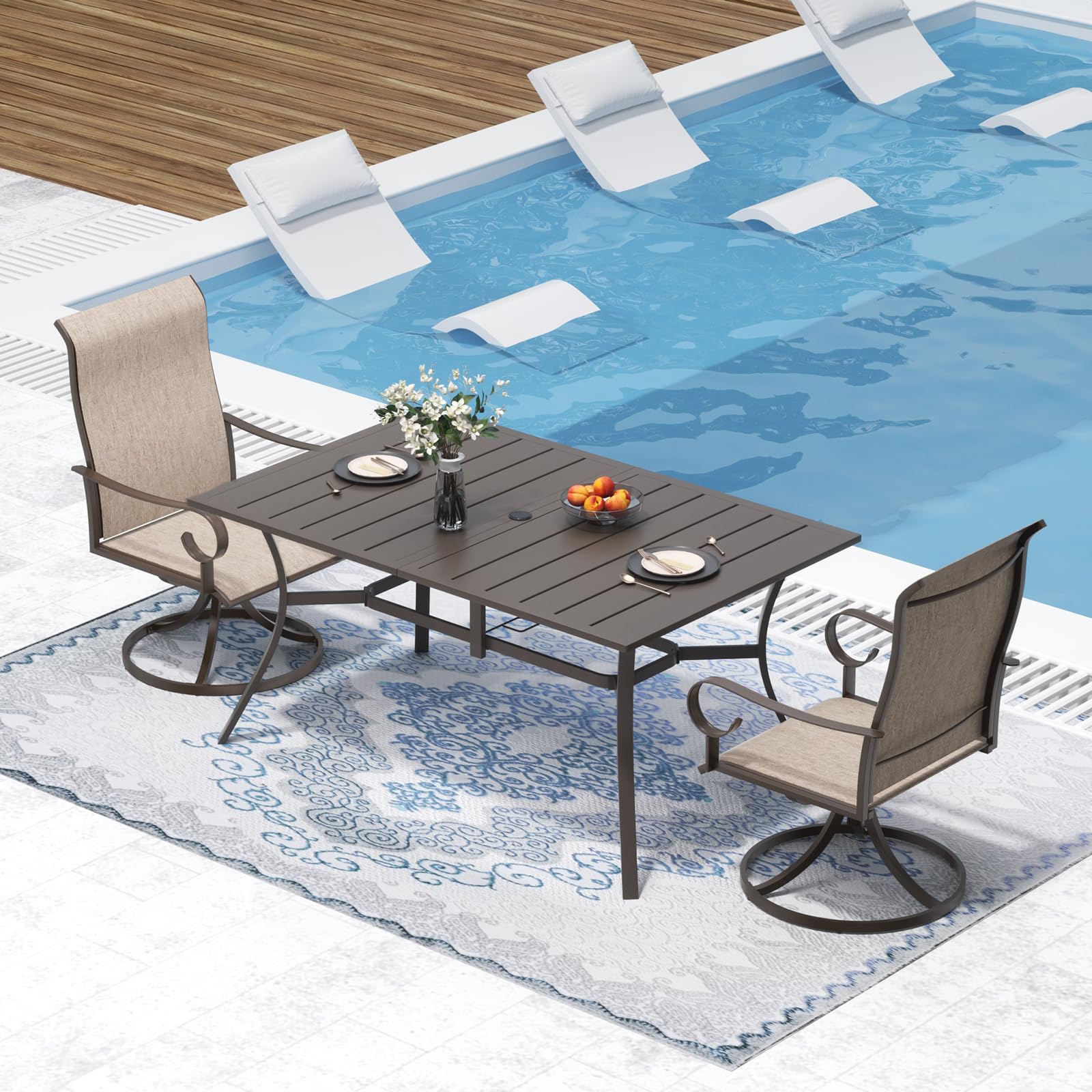 ADREAK Outdoor Metal Steel Rectangle Patio Dining Table, 6 Person Patio Table with Adjustable Umbrella Hole, Weather-Resistant for Garden Backyard Porch, Dark Brown