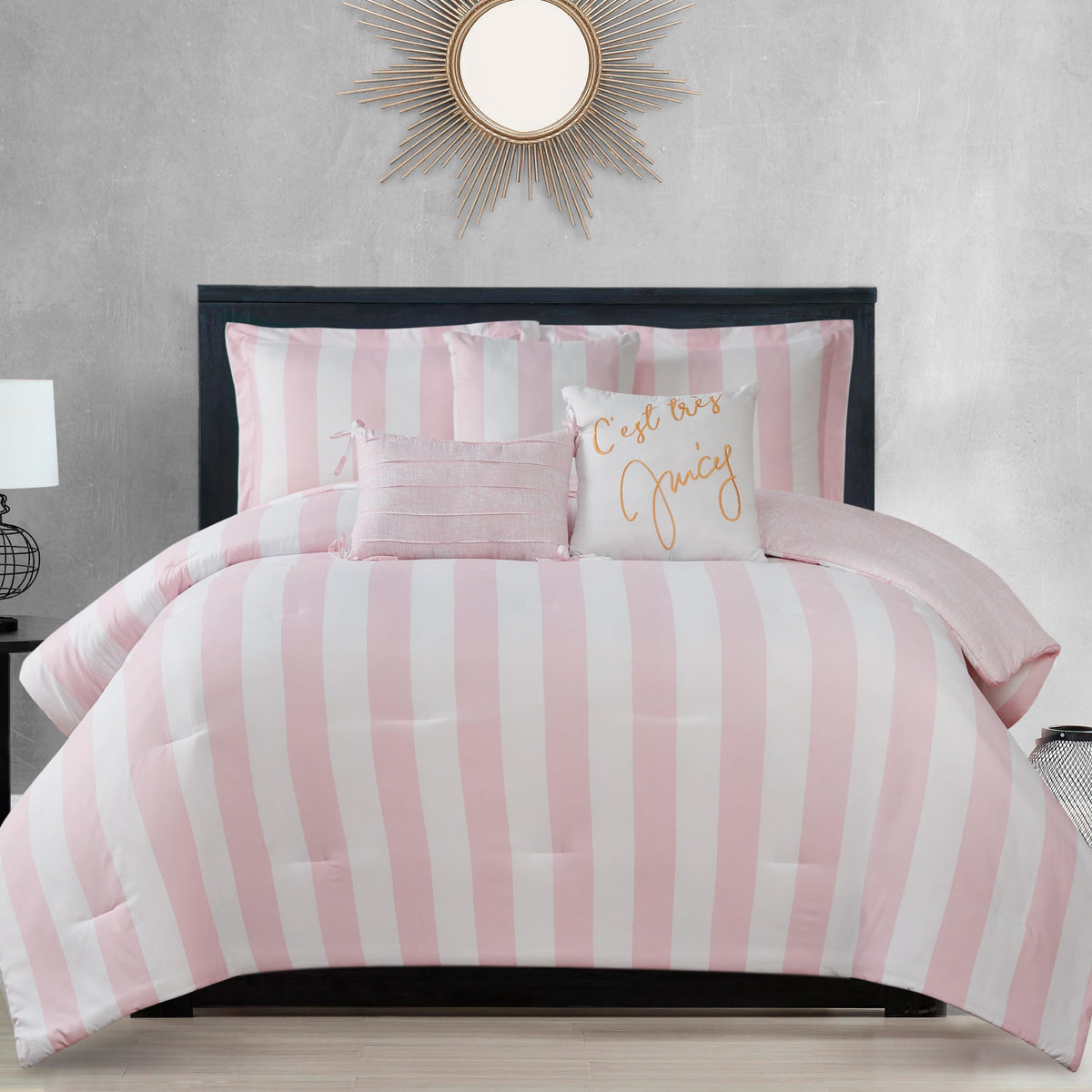 Pink Striped Reversible Comforter Set