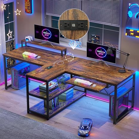94.5" 2-Person Desk with LED Lights, Storage & Monitor Stand