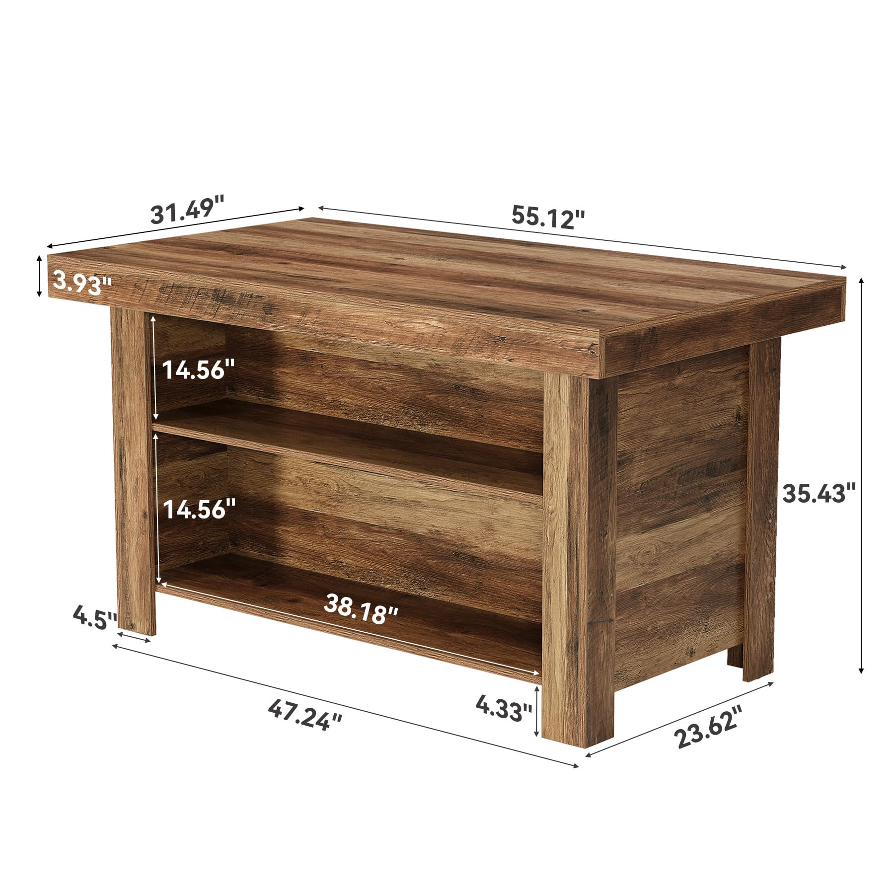LITTLE TREE 55 Inches Kitchen Island with Storage, 3-Tier Farmhouse Wooden Stationary Island Table with Large Worktop & Leg Room, Modern Coffee Bar Table with Storage Shelf for Kitchen, Rustic Brown