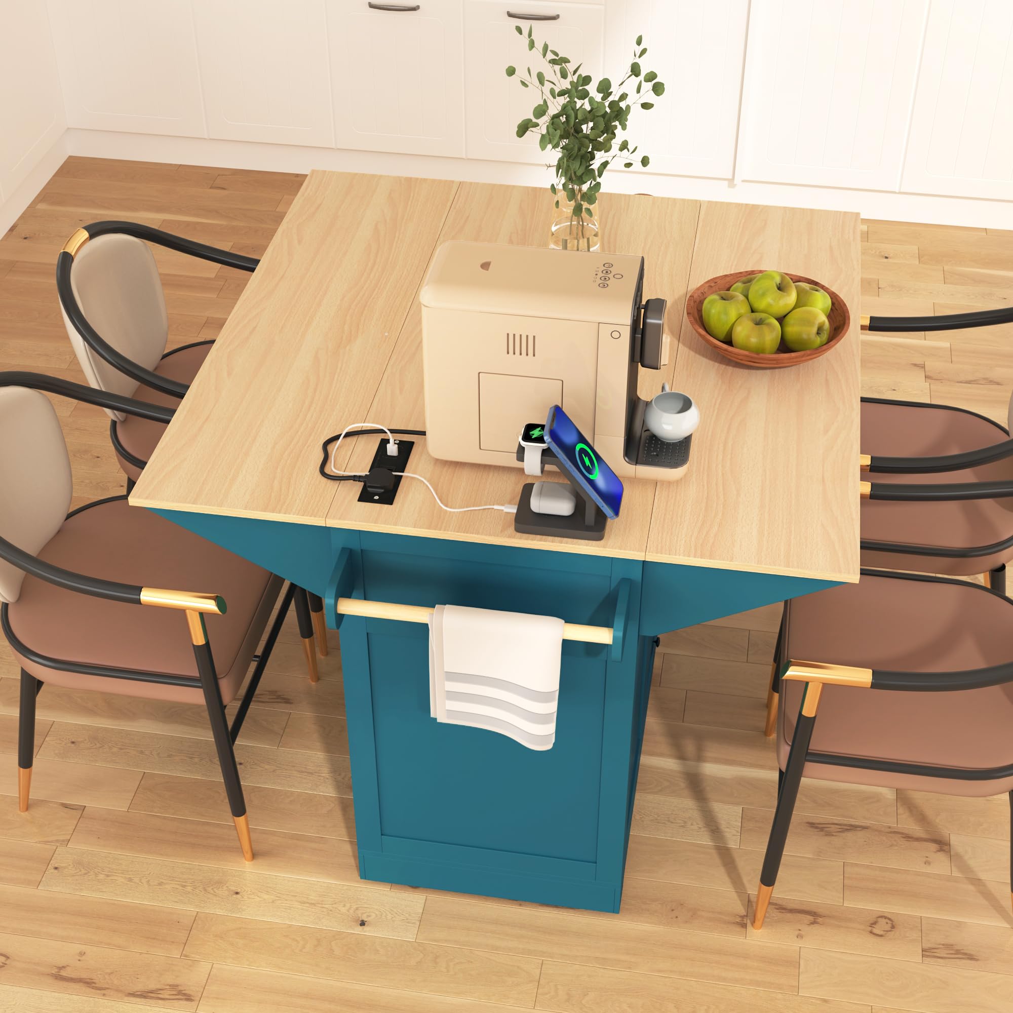 Kitchen Island Cart with Drop Leaf & Power Outlets