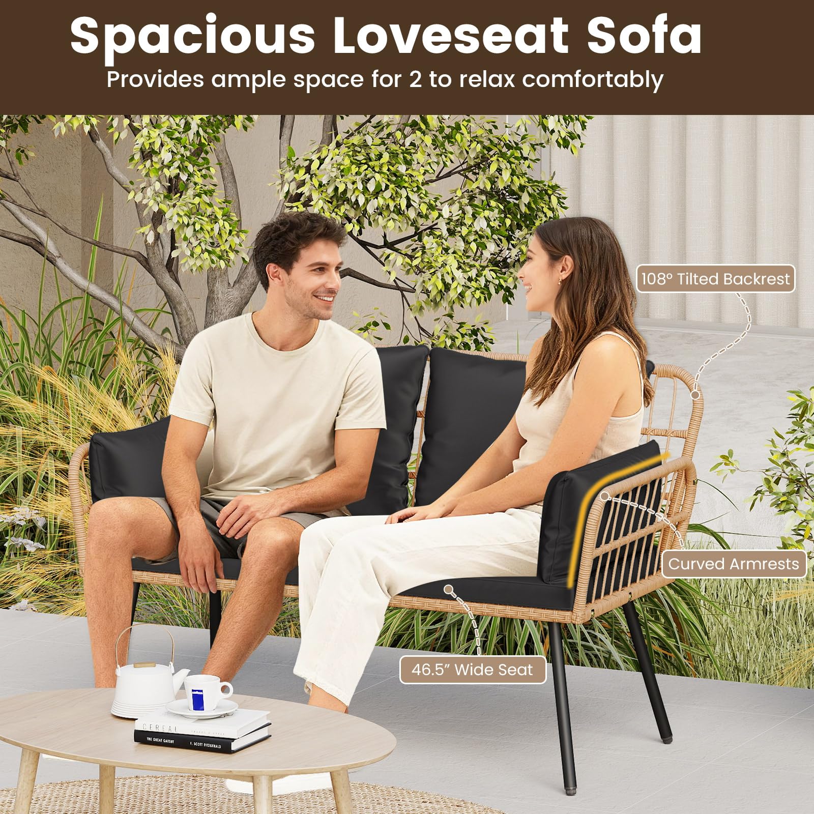 Outdoor PE Rattan Loveseat Sofa with Cushions