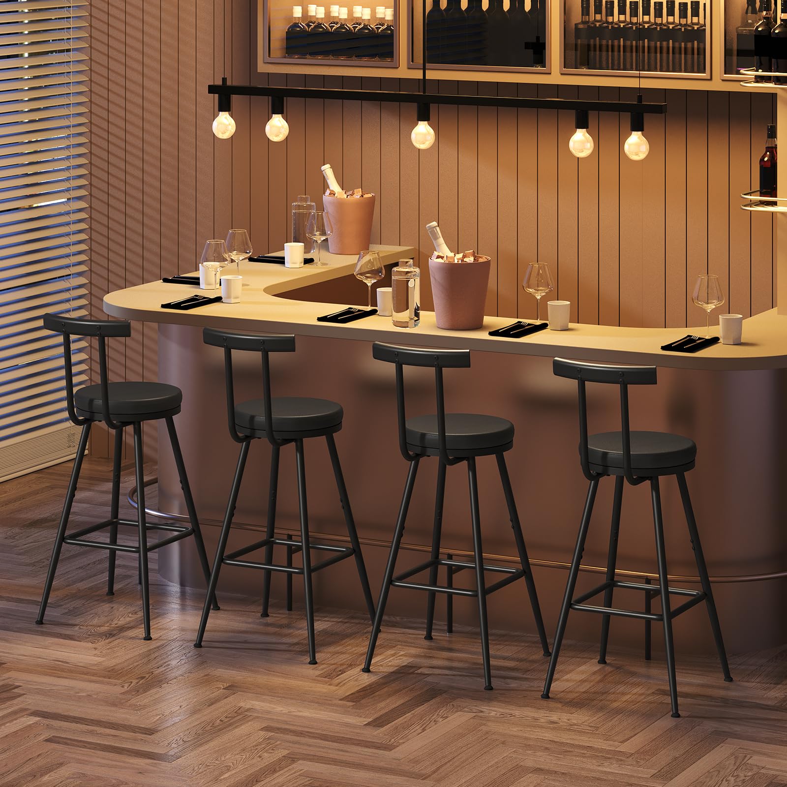 Black PU Bar Stools with Backrest & Footrest, Set of 2