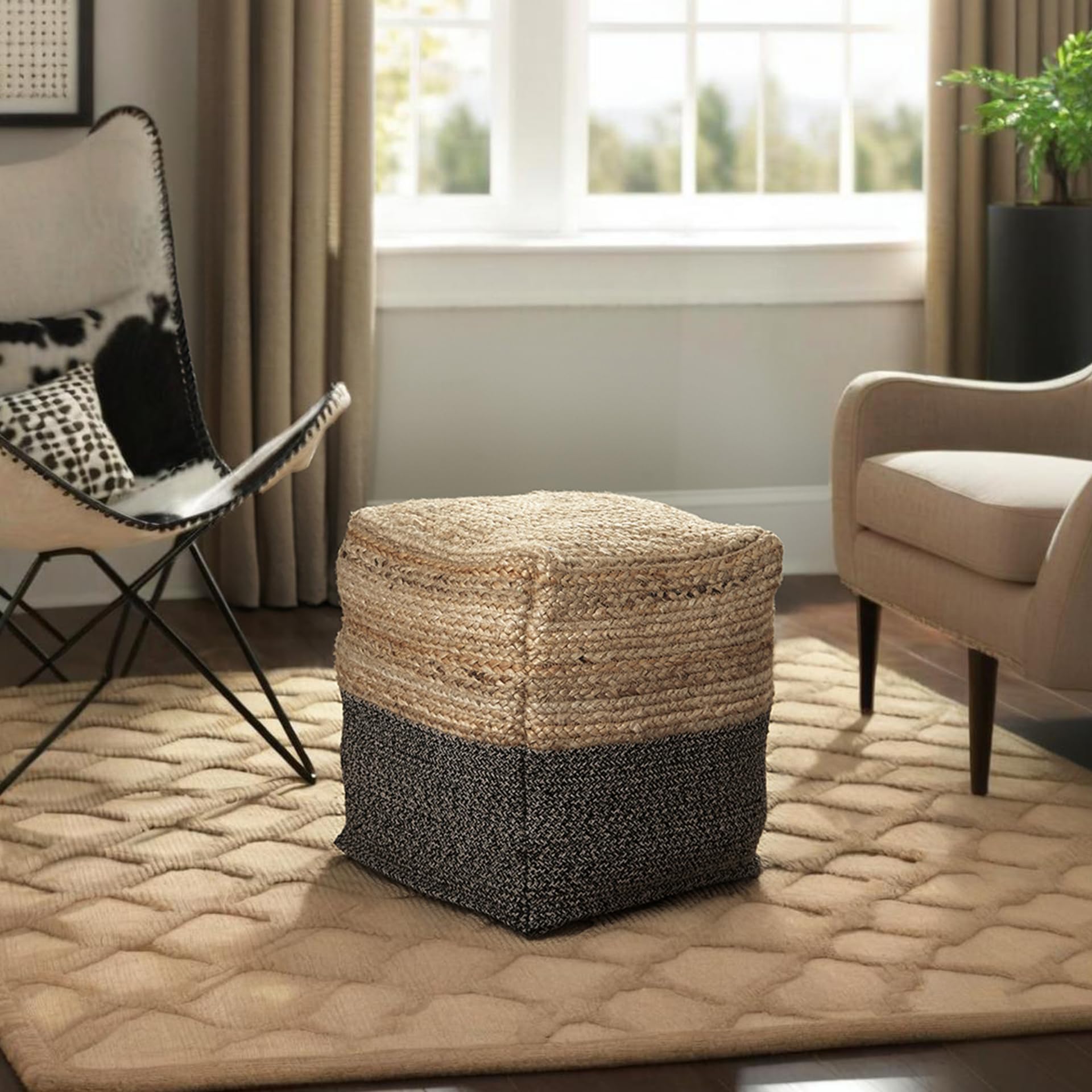 Signature Design by Ashley Sweed Valley Farmhouse Jute Braided Pouf, 17.5 x 20.25 inches, Natural & Black