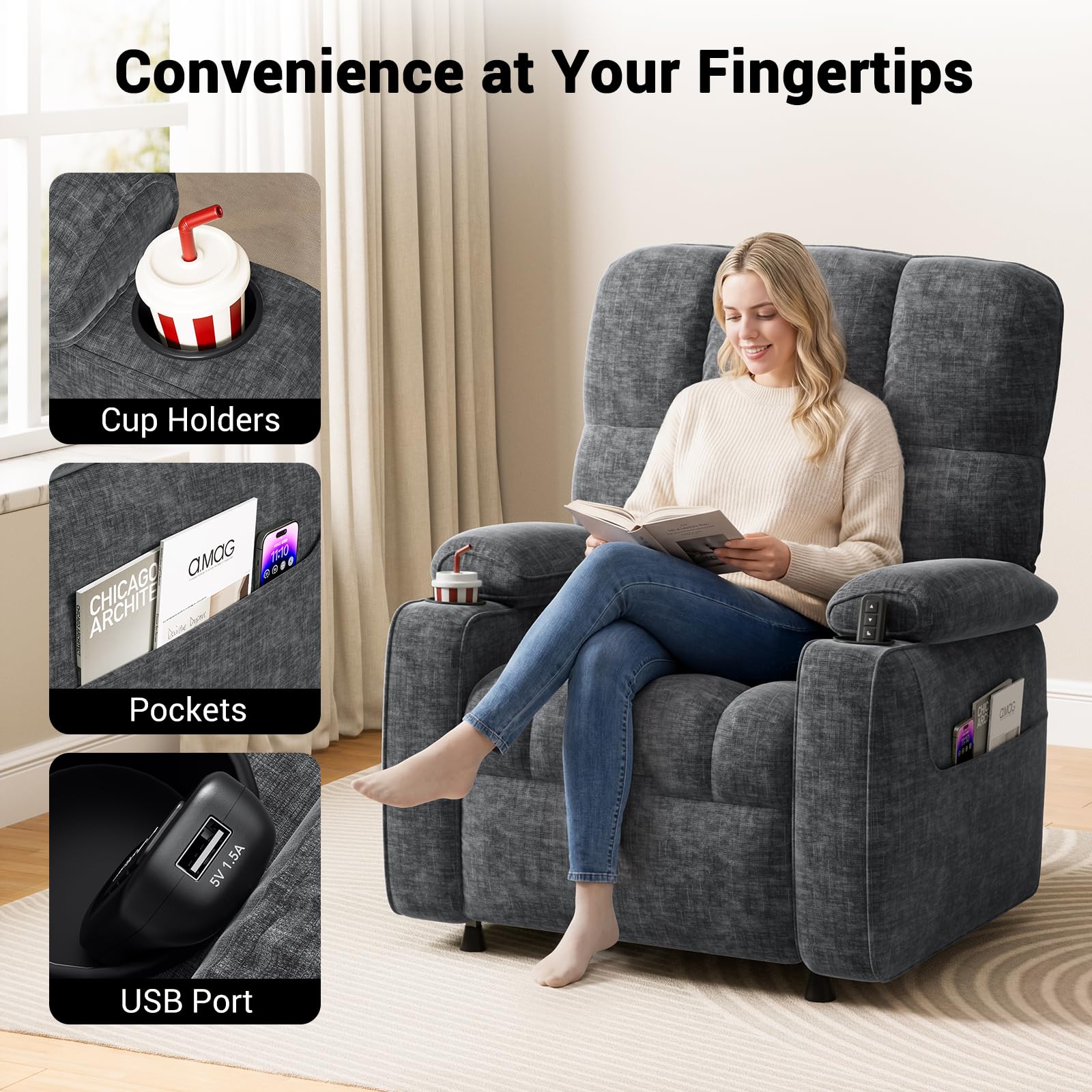 Power Recliner Chair with Cup Holder & USB Port
