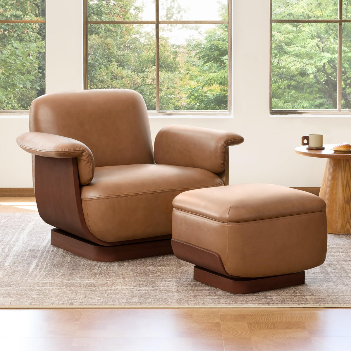 CHITA Genuine Leather Swivel Accent Chair with Storage Ottoman, Saddle