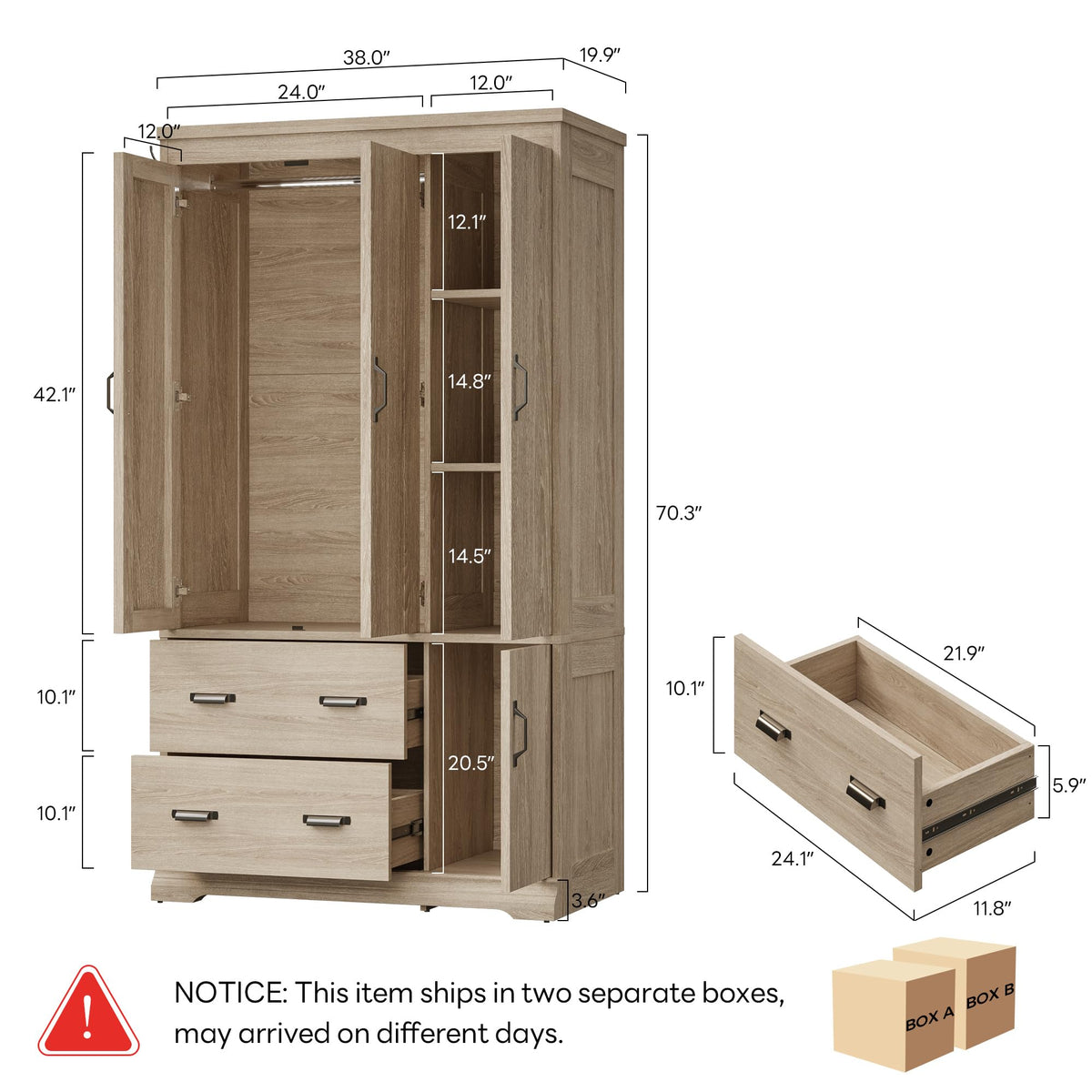 LIKIMIO 70" Freestanding Wardrobe Closet (Natural Oak)