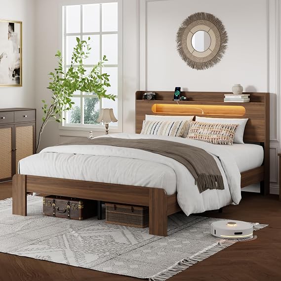 Platform Bed Frame with Storage Headboard, Charging Station & LED Lights