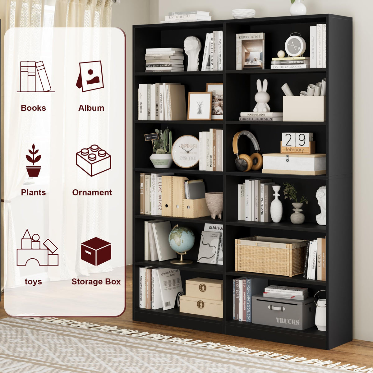 6-Tier Double Wide Black Bookshelf