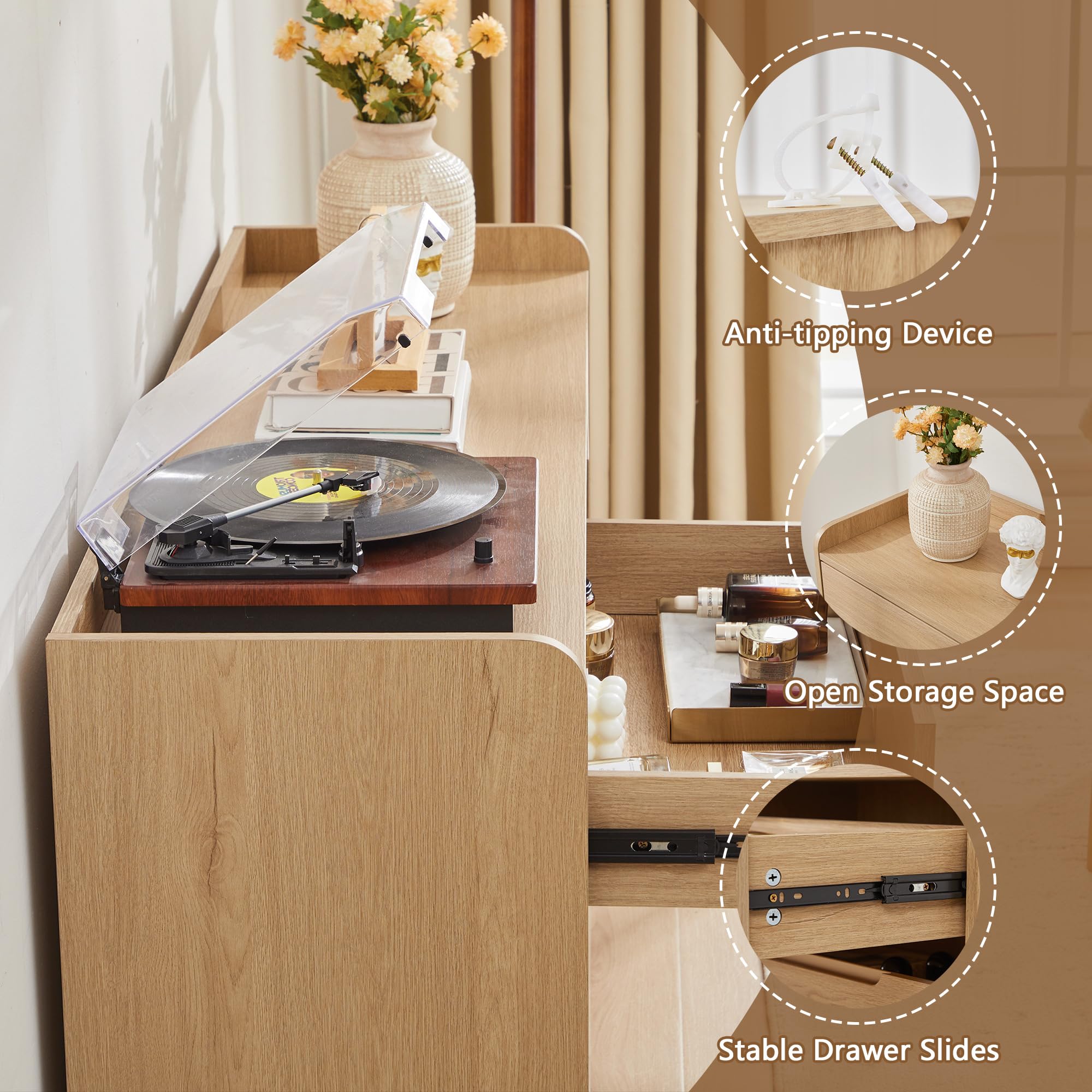 6-Drawer Curved Dresser with Hidden Handles
