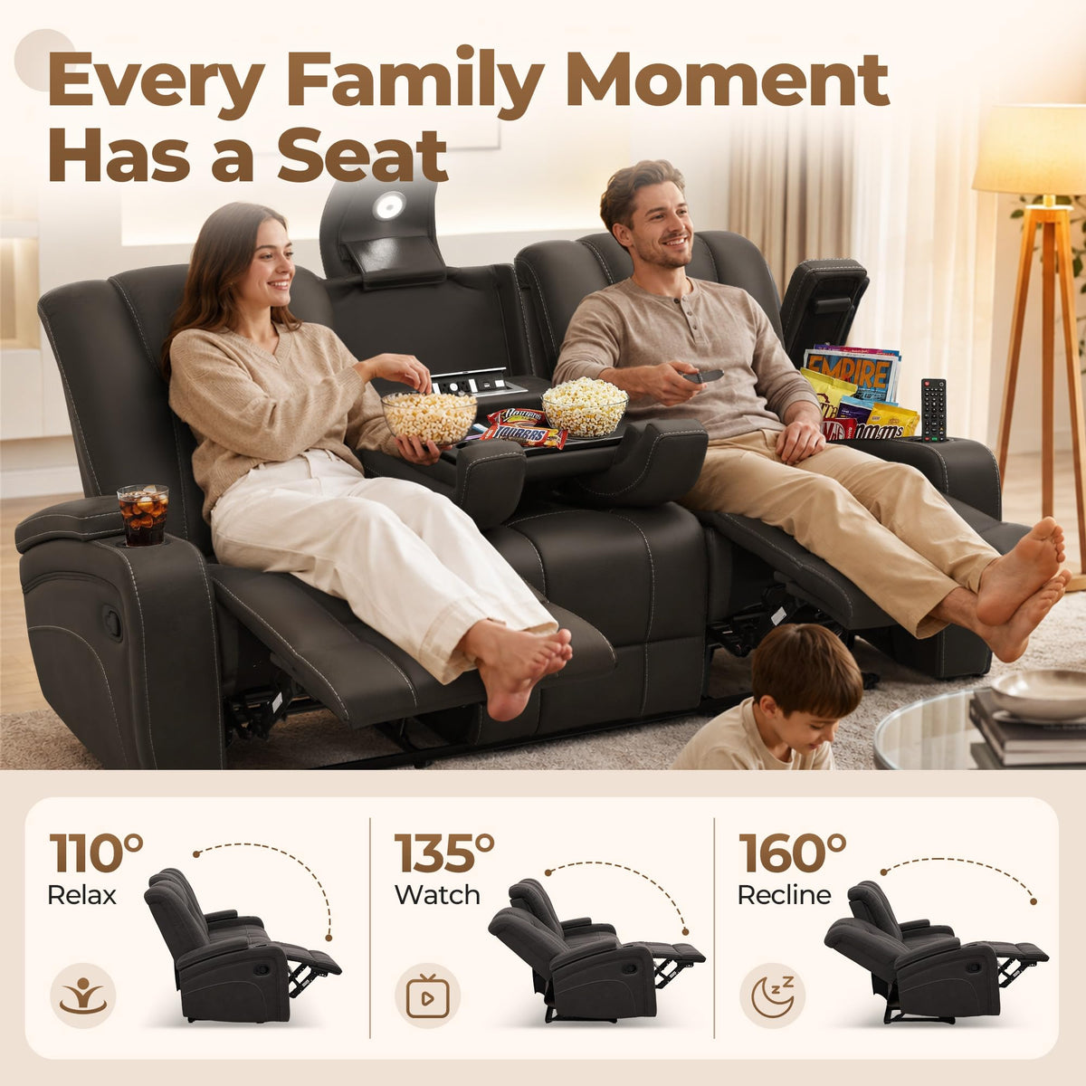 Oversized Recliner Sofa, Ergonomic 3-Seat Home Theater Seating