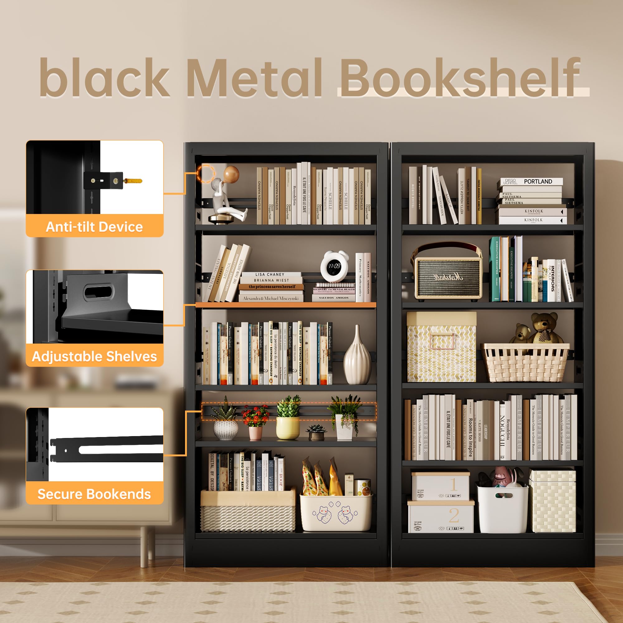 Jazipic 5-Tier Bookcase with Adjustable Storage Shelves, Heavy Duty Bookcase, Metal Bookshelf with Book Stopper, Black Bookcase Shelf for Library, Office, Living Room