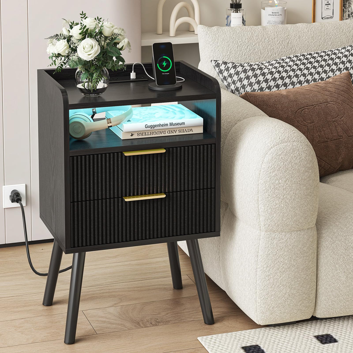Fixwal Black Nightstand with Charging Station, 2 Fluted Wood Drawers