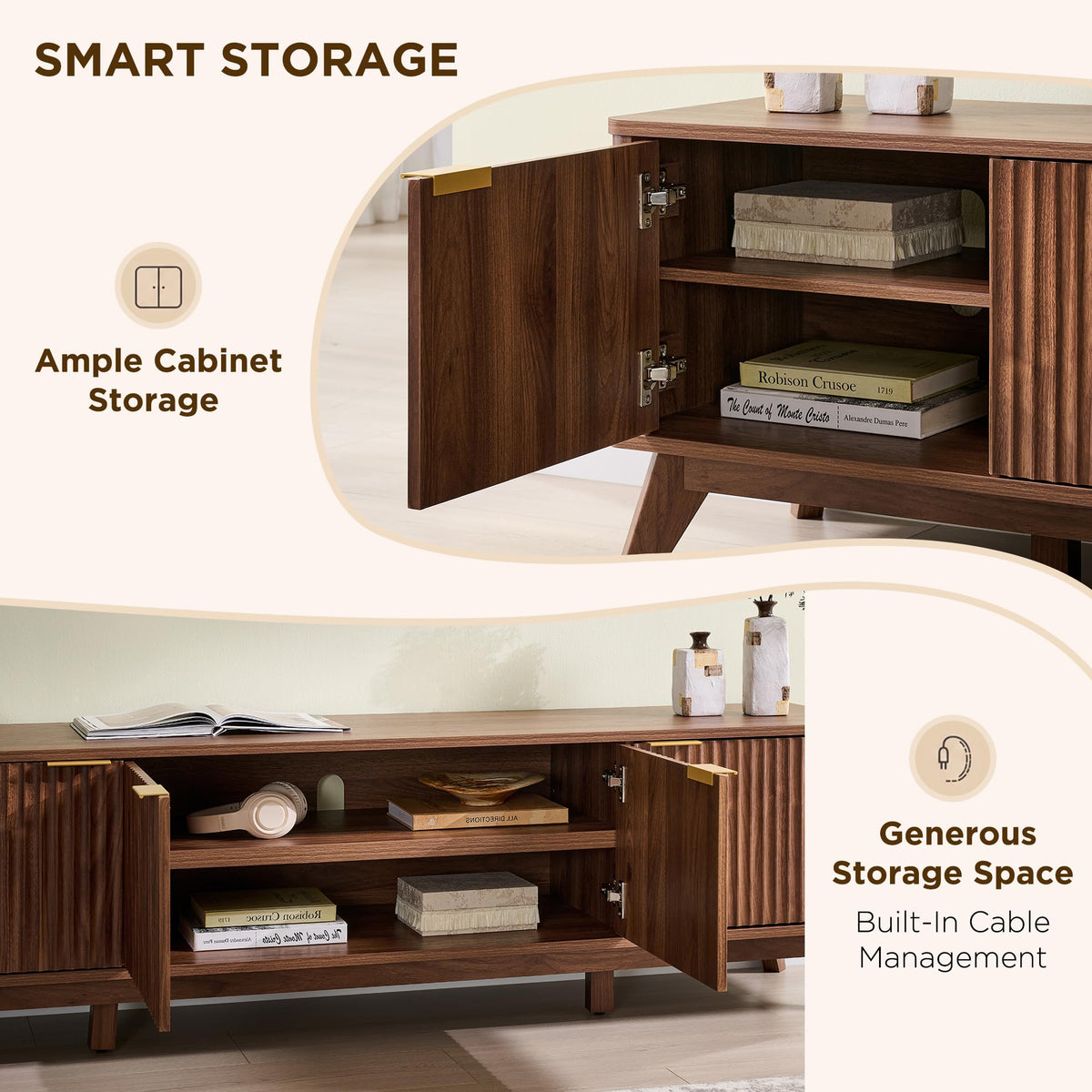 OKD 70" Mid Century Modern Fluted TV Stand,4-Door Storage, Light Walnut