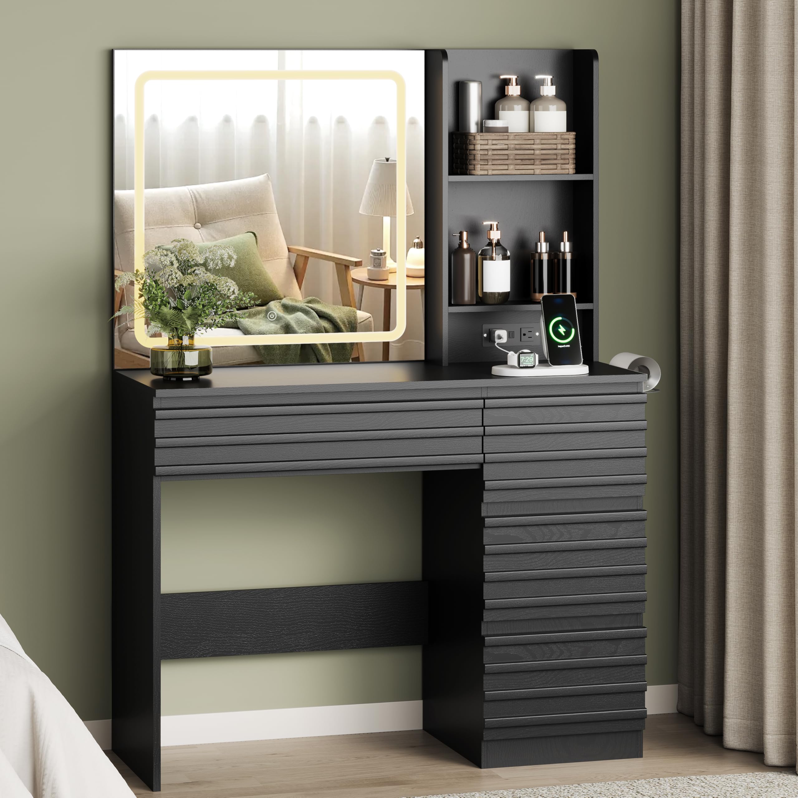 jmhdyg Makeup Vanity Desk with Lights, Fluted Vanity with 4 Drawers, Open Shelves, Power Outlet, LED Lighted Mirror, 3 Lighting Modes & Brightness Adjustable, Wood Dressing Table for Bedroom,Black