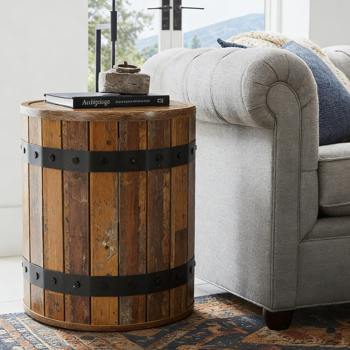Rustic Barrel Storage Side Table