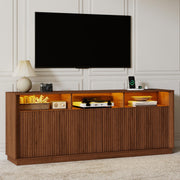 70" Fluted TV Stand for TVs up to 80" with LED Lights Power Outlet, Walnut
