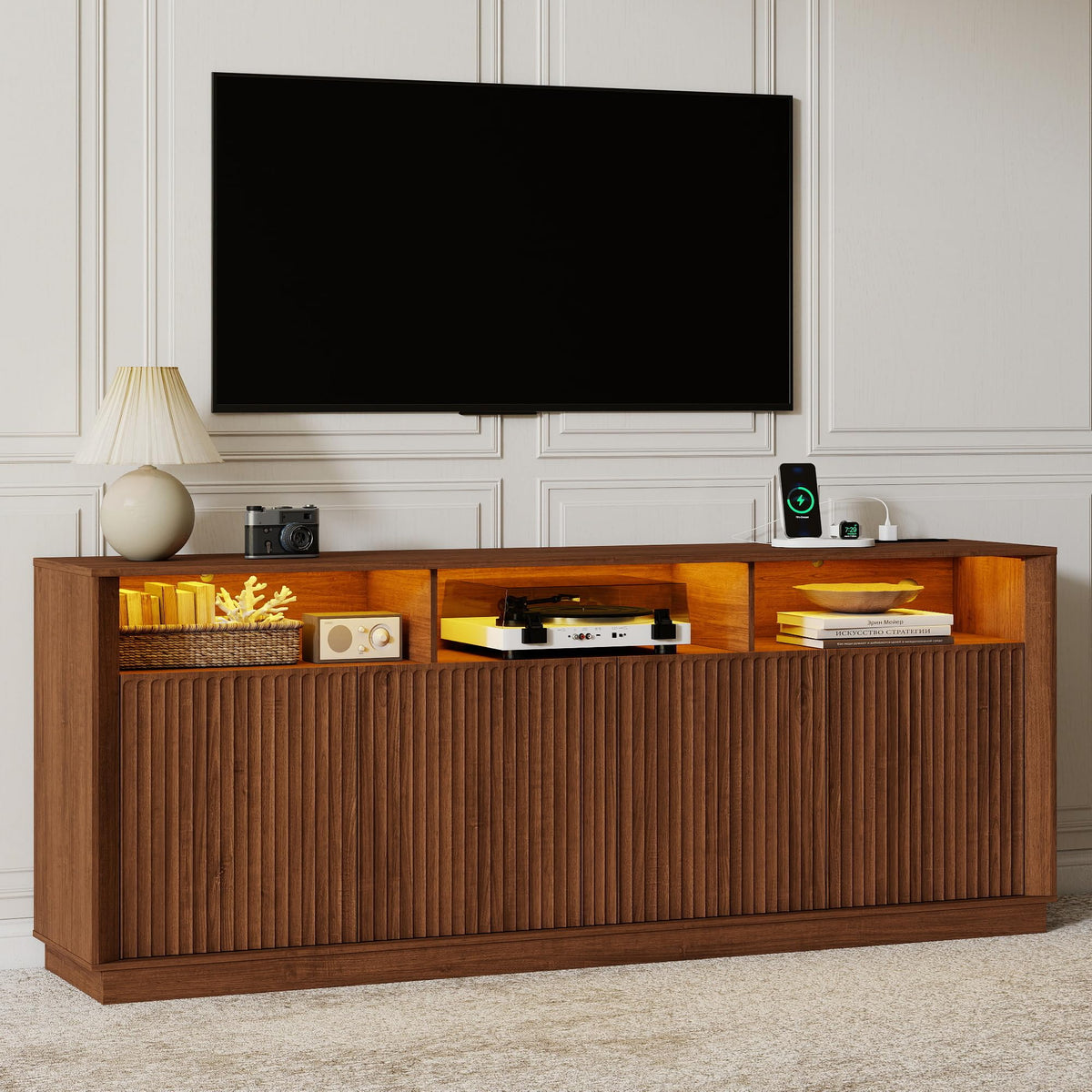 70" Fluted TV Stand for TVs up to 80" with LED Lights Power Outlet, Walnut