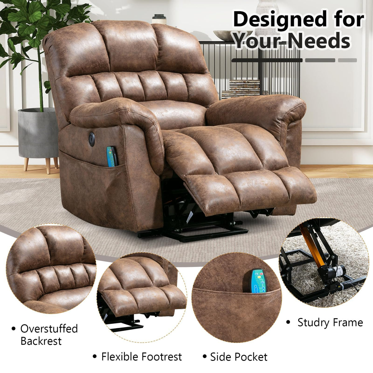 HAOMARKETS Oversized Power Leather Lift Recliner with Massage and Heat for Elderly, Electric Lifting Reclining Chair with Side Pockets and USB Port for Living Room, Brown