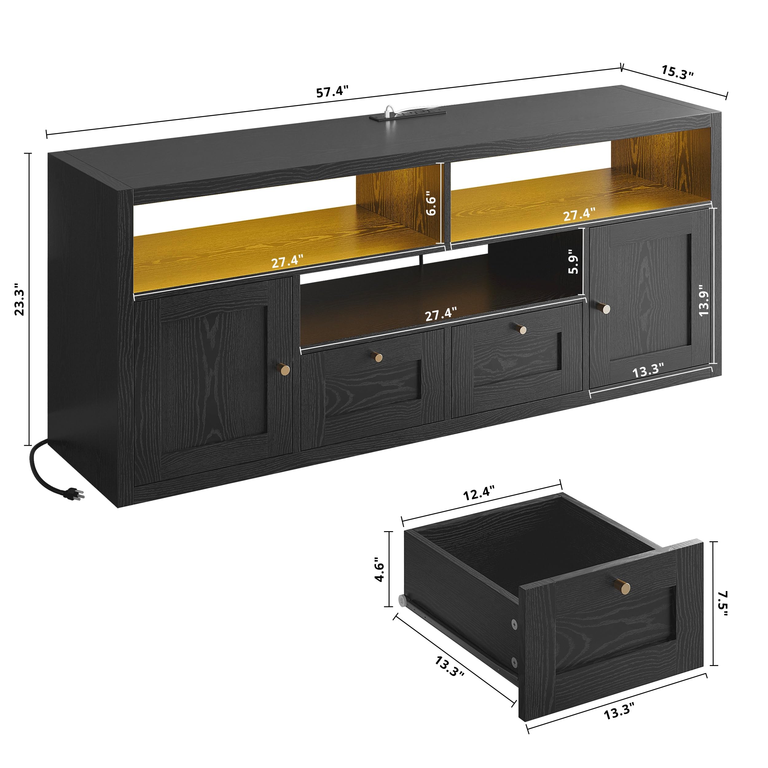 57" TV Stand with LED Lights & Charging Station