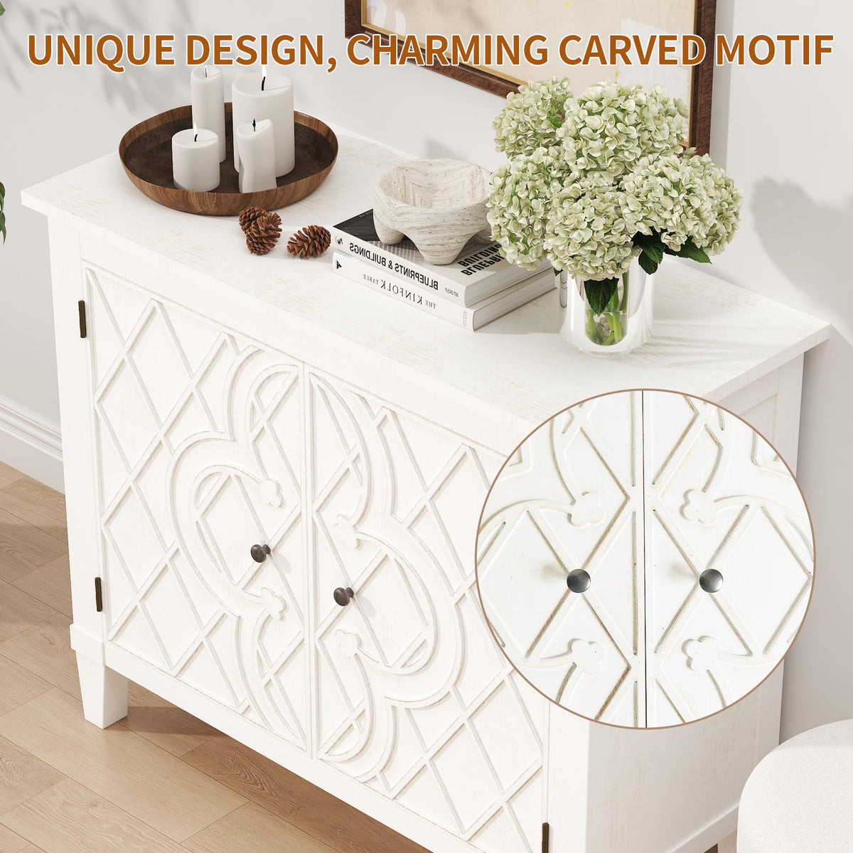 Karlott Buffet Cabinet with Storage, Wood Sideboard Accent Cabinet, White