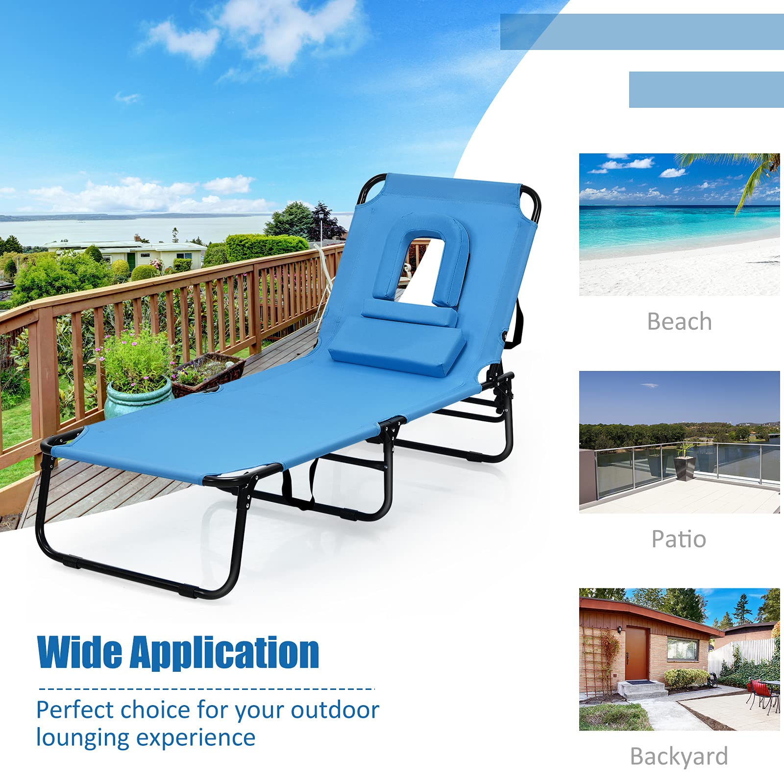 Folding Beach Lounge Chair with 5-Position Adjustable Backrest & Padded Pillows